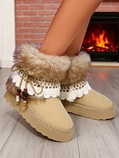 billige Snow &amp; Winter Boots-Brune, koselige støvletter med fuskepelsfôr og heklede detaljer til dame – uformelt vintersko med perledetaljer og mykt plysjfôr, perfekt til jul, høytidsgaver og uformelle vinterturer.