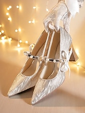 economico Formale-Scarpe con tacco da donna con cinturino in perle glitterate color argento - eleganti décolleté con punta a punta e fiocco per spose e cerimonie formali