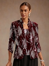 baratos Blusas femininas-Mulheres Blusa Tops elegantes Paetês Bordado Pena Elegante Manga 3/4 Colarinho Mandarim Tops regulares Festa de Noite Convidado do casamento Vinho Primavera Outono Inverno