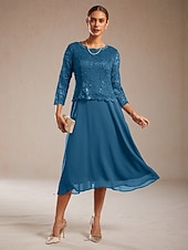  Dámské Midi šaty Šifonové šaty Elegantní Svatební host Koktejlový večírek Čajový dýchánek Krajka Pevná barva 3/4 délka rukávu Tričkový Zelenomodrá