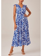 お買い得  エレガントな花柄ドレス-女性用 女性 カジュアルドレス ロングドレス マキシドレス ロイヤルブルー ノースリーブ 花 プリント 夏 Ｖネック 旅行度假风 ボヘミアンスタイル XS S M