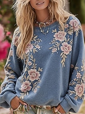 voordelige Bloemen Hoodies-Dames Trui-sweatshirt Bloemig Casual Lange mouw Strakke ronde hals Normale tops Casual Straat Dagelijks gebruik blauw Lente Herfst Winter