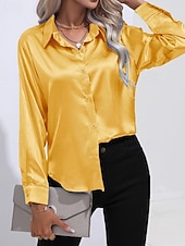abordables Blouses Unies-Femmes Chemise Elegant Haut en satin Chemisier Boutons Uni Élégant ancien manche longue Col de chemise Hauts Réguliers Fête Sortir Jaune Rouge Bleu Roi Rose Gris Été Printemps