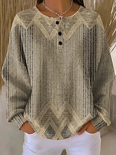 voordelige Boho Tops-Dames Trui-sweatshirt Knop Afdrukken Bloemig Grafisch Paisley Vintage Casual Lange mouw Strakke ronde hals Normale tops Casual Straat Dagelijks gebruik blauw Zwart Groen Koffie Lente Herfst Winter