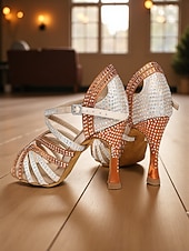 abordables Zapatos de baile latino-Zapatos de baile latino para mujer con pedrería: sandalias profesionales de salón para salsa y tango, con diseño de tiras y tacón alto, ideales para competición o actuaciones.