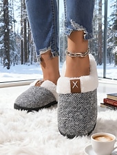 abordables Pantuflas y chanclas de mujer-Pantuflas de invierno cálidas de punto para mujer: zapatos de interior con forro polar de felpa y parte trasera completa con suela antideslizante para el hogar y el dormitorio