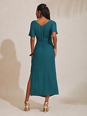 economico Abiti floreali-Abito midi a portafoglio arricciato con scollo a V in lino tencel arancione rosso da donna