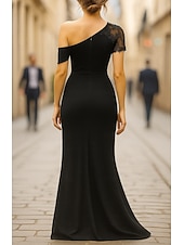 economico Abiti da sera a tubino-Tubino Colonna Lunghezza al pavimento Abito da Sera Da principessa Abito formale Elegante Manica Corta Monospalla Matrimonio Formale Vestito Rosa Crepe Elasticizzato con Applicazioni