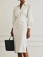 economico vestito nero midi-Per donna Abito Midi Abito aderente Abiti semi formali Ufficio Vestibilità regolare Semplice Manica Lunga Colletto a Camicia Nero Rosa Beige Grigio Primavera Autunno