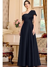 preiswerte Bodenlänge-A-Linie Bodenlang Knöchellänge Partykleid Cocktailkleid Kurzarm Schulterfrei Elegant Minimalistisch Formell Hochzeitsgast Satin Brautmutterkleid mit Einfarbig