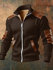 cheap Casual Jackets-Men's Winter Coat Fleece Jacket Casual Jacket Outdoor Casual Thermal Warm Patchwork Pocket Fall Winter Plaid Streetwear Daily High Neck Regular Camel Black White Navy Blue Brown Jacket