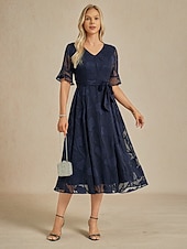  Damen Midikleid A Linie Kleid Elegant Täglich Hochzeitsgast Date Spitze Rüsche Durchsichtige Ärmel Normale Passform Blumen Kurzarm V Ausschnitt Marineblau
