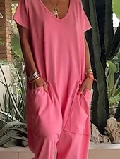 levne Overal pro plnoštíhlé-Dámské Běžný Kombinéza Elegantní Pevná barva Krátký rukáv Rovné Do V Slátanina Kapsy Dovolená Domů Běžný Vodní modrá Bílá Žlutá Léto