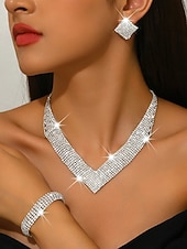baratos Colar Feminino-Conjunto de joias femininas douradas com strass - colar e pulseira deslumbrantes e brilhantes &amp;Brincos, acessórios glamorosos para festas de casamento e eventos noturnos. &amp;eventos especiais
