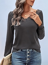 abordables T-shirt uni-Femmes Chemisier Dentelle Patchwork Uni Actif Occasionnel manche longue Col en V Hauts Réguliers Quotidien Fête Sortir Vert Emeraude Gris foncé Été Automne