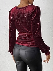 abordables T-shirt uni-Femmes Chemisier Froncé Couleur Unie Élégant Occasionnel manche longue Cravate au cou Col Bénitier Hauts Réguliers Quotidien Noir Vin Fuchsia Printemps Automne Hiver