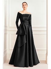 economico Abiti da Sera a Linea A-Linea ad A Lunghezza al pavimento Abito da Sera Elegante Manica Lunga Senza Spalle Matrimonio Formale Tasca Raso con Fiocco/Fiocchi Pieghe