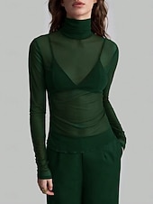 voordelige Effen t-shirt-Dames Blouse Lapwerk Netstof Effen Kleur Elegant Stijlvol Basic Lange mouw Coltrui Normale tops Dagelijks Grijs-Groen Zwart Wijn Marineblauw Bruin Zomer Lente Herfst