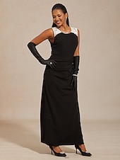 preiswerte abendkleider-Damen Maxikleid Etui-Kleid Wickelkleid Elegant Abendgesellschaft Hochzeit Hochzeitsgast Gerafft Spitze Asymmetrisch Normale Passform Einfarbig Ärmellos Dreiviertelarm V Ausschnitt Schwarz