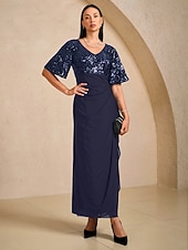  Damen Maxikleid Kleider mit Empire-Taille Elegant Flattrige Ärmel Abendgesellschaft Pailletten Spitze Netz Normale Passform Blumen Halbarm V Ausschnitt Marineblau