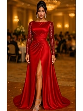 abordables Vestidos de Noche en A-Corte A Hasta el Suelo Bordado con cuentas Vestido formal Vestido de madre de la novia Vestido de gala con capa Vestidos de noche Vestimenta formal Elegante Lentejuelas Sedoso Manga Larga Cuello Barco