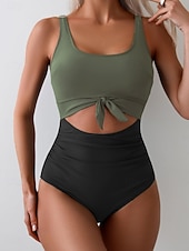 preiswerte Einteilige Badeanzüge-Damen Einteiler Badeanzug Sexy Cutout Monokini Bauchkontrolle Hohe Taille Slim Rückenfrei Urlaub Strandbekleidung Polka Dot Farbblock U-Ausschnitt Ärmellose Bademode