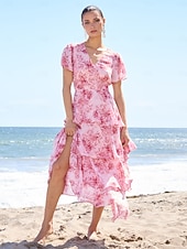 cheap Casual Dress-Floral Bloom Flowy Chiffon Tiered Maxi Dress