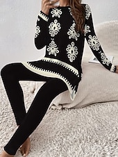 cheap Women's Tracksuits-Women's T Shirt Pants Sets Long Sleeve Crew Neck Round Neck Floral Graphic Print Elegant Vacation Fashion Casual Daily Casual Daily Black White Summer Regular Fit