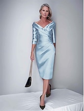 رخيصةأون طول الشاي-عامودي طول الساق فستان الحفلة فستان كوكتيل فستان زفاف ضيف فستان أم العروس نصف كم V رقبة أنيق عتيق فاخر رسمي ضيف حفل زفاف ساتان فساتين الجاكيتات مع طيات