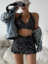 tanie 3-częściowy zestaw bikini-Strój Kąpielowy Damski Bikini 3 Częściowy Z Spódnicą Smukły Bez Pleców Letni Strój Plażowy Kwiatowy Sznurek Bez Rękawów