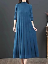 preiswerte Pulloverkleider-Damen Pullover Kleid Elegant Lässig Weich Einfarbig Gerippt Rollkragen Gestrickt Langarm Lange Oberteile Stricken Outdoor Täglich Wochenende Blau Schwarz Herbst Winter