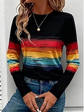 abordables Camiseta a rayas y geométrica-Mujer Camiseta Estampado Graphic Geométrico A Rayas Vintage Moda Elegante Manga Larga Cuello Barco Escote Redondo Tops regulares Diario Fin de semana Azul Piscina Negro Rosa Rojo Verano Primavera