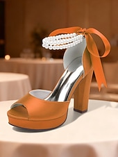 baratos Sandálias de Plataforma-Sandálias femininas de salto alto plataforma em cetim roxo com tira de pérolas no tornozelo - sapatos de festa glamorosos de bico aberto para eventos noturnos, casamentos e coquetéis.