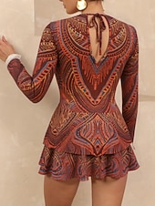 رخيصةأون مايوه قطعة واحدة-بيكيني نسائي قطعة واحدة ملابس السباحة مع تنورة فستان بوهيمي للتحكم في البطن خصر عالي أنيق بلا ظهر إجازة ملابس الشاطئ رسومات هندسية عنق دائري بلا أكمام وأكمام طويلة