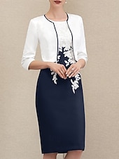 abordables Ensembles de robes pour maman-Deux Pièces Fourreau Colonne Ensembles de Robes Mi-long Robe d'invité de mariage Robe de Mère de Mariée  Manche 3/4 Bijoux Élégant robe demoiselle d honneur Église Chiffon Satin Dentelle Robes avec