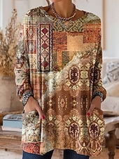 preiswerte Boho-T-Shirt-Damen T Shirt Tasche Druck Blumen Grafik Vintage Mode Stilvoll Langarm Rundhalsausschnitt Normale Oberteile Täglich Ausgehen Wochenende Rosa Orange Grün Beige Frühling Herbst Winter