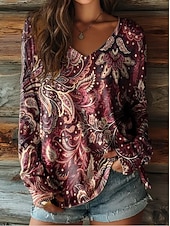 billige Boho t-skjorte-Dame Boho T-skjorte Grafikk Planter Tribal Vintage Stilfull Klassisk Langermet V-hals Vanlige Topper Daglig Trykk Blå Lys Grønn Vin Marineblå Fuchsia Vår Høst Vinter