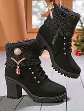 baratos Botas de neve e inverno-Botas femininas marrons de cano curto com salto alto – botas de inverno de couro sintético com cadarço, punhos de tricô e detalhes em pérola, perfeitas para o Natal e looks do dia a dia.