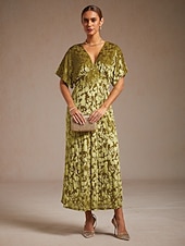 voordelige Bloemenjurk-dames maxi-jurk a-lijn jurk fluweel elegant feest bruiloft gast bloemen blad halve mouw v-hals smaragdgroen lente herfst winter