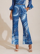  Calças femininas de tecido elástico com estampa floral, chiffon, painéis transparentes, perna larga, cintura elástica, elegante, confortável, trabalho diário, outono