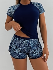 economico Tankini-Costume da bagno tankini da donna 2 pezzi pantaloni corti palmo controllo pancia vita alta slinguato senza schiena vacanza in spiaggia scollatura rotonda floreale con maniche corte