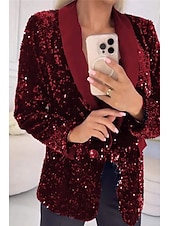 preiswerte Blazer &amp; Anzüge-Damen Blazer Freizeitjacke Bequem Pailletten Mode Lässig Einfarbig Party Straße Alltagskleidung Ausgehen Regulär Gekerbtes Revers Normale Passform Langarm Oberbekleidung Blau Schwarz Rote Herbst