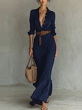 baratos Vestido Boho de Algodão e Linho-Mulheres Vestido Longo Vestido Maxi Camisetão Moderno Diário Ao ar livre Para Noite Normal Tecido Manga Longa Colarinho de Camisa Preto Branco Azul Marinha Cáqui Primavera Outono