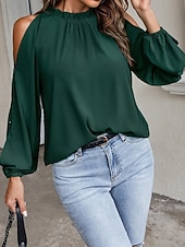 Недорогие Нарядные блузки-Жен. Блуза Рюши Оборки Полотняное плетение Элегантный стиль Винтаж Стиль Длинный рукав Вырез под горло Обычные топы Повседневные Праздники На выход Черный Винный Зеленый Осень Зима