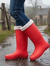 abordables Bottes de neige et d'hiver-Bottes de pluie rouges imperméables pour femmes avec revers amovible en fausse fourrure – des chaussures résistantes et élégantes pour les intempéries, les aventures en plein air et les activités de jardinage.