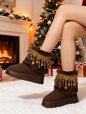 cheap Snow &amp; Winter Boots-Women's Beige Faux Fur Snow Boots with Rhinestone Tassel Fringe – Warm Platform Ankle Booties for Winter Parties, Christmas &amp; Holiday Fashion
