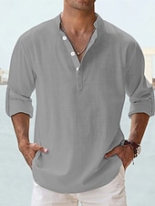 economico Camicie di lino-Per uomo Camicia Camicia di lino Camicia Estiva Camicia da Spiaggia Semplice Vacanza Camicia hawaiana Blu Nero Bianco Rosa Manica Lunga Collo alla coreana Primavera &amp; Estate Abbigliamento Base