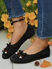billige Flate sko til kvinner-Brune flate sko i semsket skinn til dame – bohemske mokkasinsko med frynser og perlesløyfe for hverdagsbruk, reiser og avslappet høstantrekk