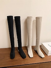 お買い得  ファッションブーツ-ラインストーンブロックヒール、ジッパー開閉、冬や夜のお出かけにぴったりのスタイリッシュでエレガントなレディースニーハイスエードブーツ。