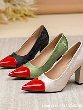 お買い得  女性のクリスマスシューズ-レディースの赤と白のブロックヒールパンプス - クリスマスパーティーやホリデーシーズンにぴったりの、華やかなポインテッドトゥのハイヒール